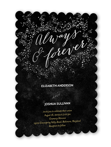Dazzling Flare Wedding Invitation, Black, Silver Foil, 5x7 Flat, Pearl Shimmer Cardstock, Scallop