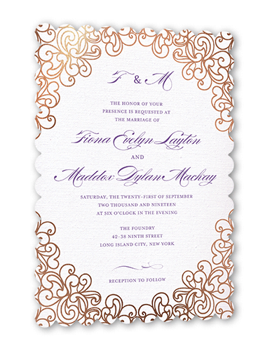 Dazzling Lace Wedding Invitation, Rose Gold Foil, Purple, 5x7 Flat, Pearl Shimmer Cardstock, Scallop