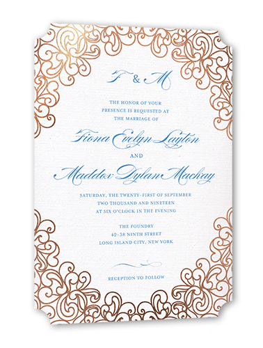 Dazzling Lace Wedding Invitation, Blue, Rose Gold Foil, 5x7, Signature Smooth Cardstock, Ticket