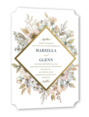 Diamond Blossoms Wedding Invitation, Green, Gold Foil, 5x7 Flat, Matte, Signature Smooth Cardstock, Ticket, White