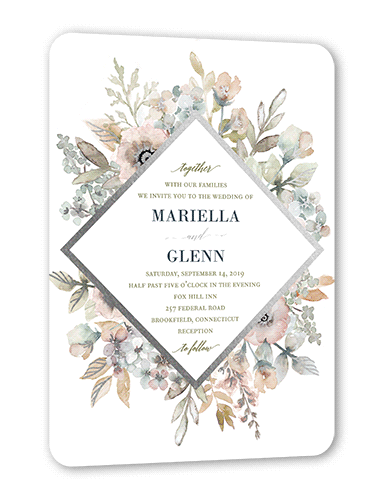 Diamond Blossoms Wedding Invitation, Silver Foil, Green, 5x7 Flat, Pearl Shimmer Cardstock, Rounded