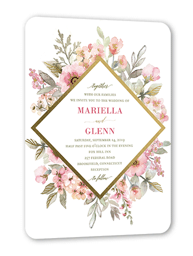 Diamond Blossoms Wedding Invitation, Gold Foil, Pink, 5x7 Flat, Pearl Shimmer Cardstock, Rounded