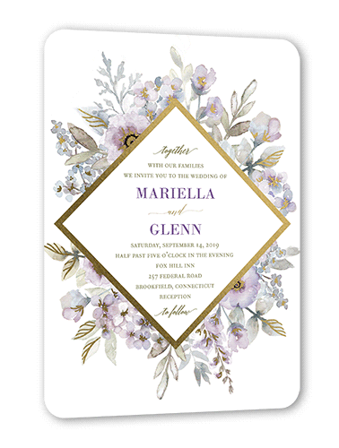 Diamond Blossoms Wedding Invitation, Gold Foil, Purple, 5x7 Flat, Matte, Signature Smooth Cardstock, Rounded