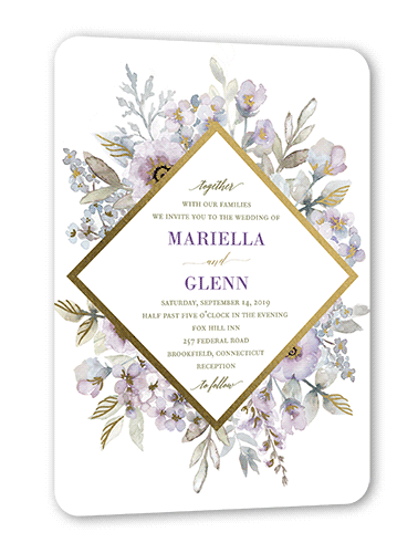 Diamond Blossoms Wedding Invitation, Gold Foil, Purple, 5x7 Flat, Pearl Shimmer Cardstock, Rounded, Verbena