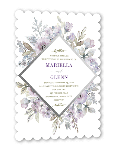 Diamond Blossoms Wedding Invitation, Silver Foil, Purple, 5x7, Pearl Shimmer Cardstock, Scallop