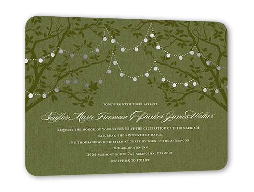 Enlightened Evening Wedding Invitation, Silver Foil, Green, 5x7 Flat, Pearl Shimmer Cardstock, Rounded