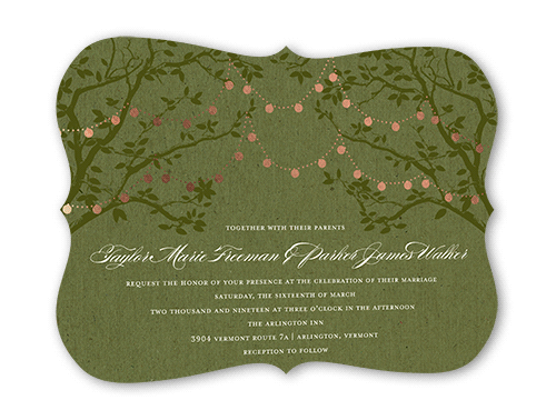 Enlightened Evening Wedding Invitation, Green, Rose Gold Foil, 5x7, Signature Smooth Cardstock, Bracket