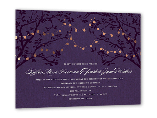 Enlightened Evening Wedding Invitation, Rose Gold Foil, Purple, 5x7 Flat, Pearl Shimmer Cardstock, Square