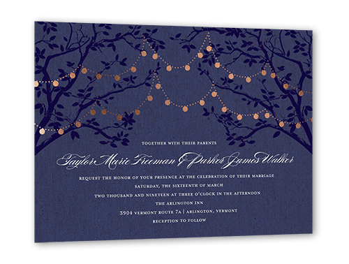 Enlightened Evening Wedding Invitation, Purple, Rose Gold Foil, 5x7 Flat, Pearl Shimmer Cardstock, Square