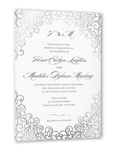 Dazzling Lace Wedding Invitation, Grey, Silver Foil, 5x7, Signature Smooth Cardstock, Square