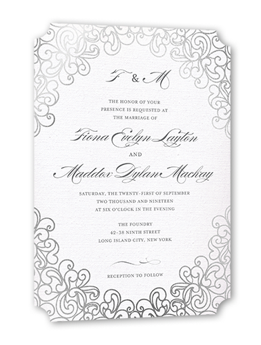Dazzling Lace Wedding Invitation, Grey, Silver Foil, 5x7, Signature Smooth Cardstock, Ticket