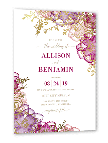 Floral Fringe Wedding Invitation, Gold Foil, Pink, 5x7 Flat, Luxe Double-Thick Cardstock, Square, Raspberry