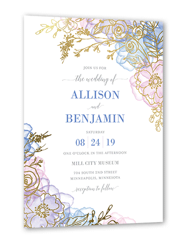 Floral Fringe Wedding Invitation, Gold Foil, Blue, 5x7 Flat, Pearl Shimmer Cardstock, Square