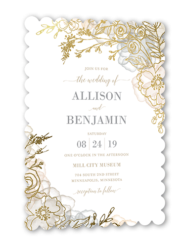 Floral Fringe Wedding Invitation, Beige, Gold Foil, 5x7 Flat, Pearl Shimmer Cardstock, Scallop, White