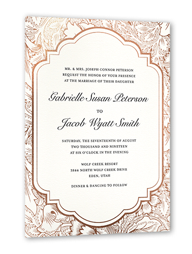 Ornate Petals Wedding Invitation, White, Rose Gold Foil, 5x7 Flat, Luxe Double-Thick Cardstock, Square