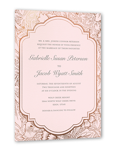 Ornate Petals Wedding Invitation, Pink, Rose Gold Foil, 5x7 Flat, Pearl Shimmer Cardstock, Square