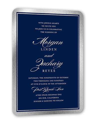 Remarkable Frame Classic Wedding Invitation, Silver Foil, Blue, 5x7 Flat, Pearl Shimmer Cardstock, Rounded