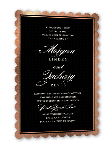Remarkable Frame Classic Wedding Invitation, Rose Gold Foil, Black, 5x7, Pearl Shimmer Cardstock, Scallop