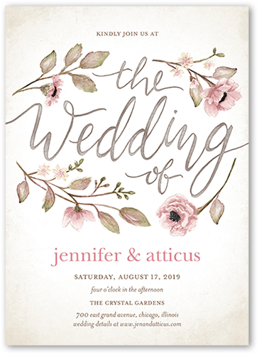 Delightful Blooms Wedding Invitation, Pink, 5x7, Luxe Double-Thick Cardstock, Square