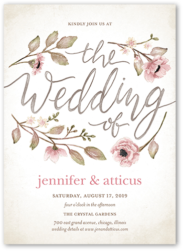 Delightful Blooms Wedding Invitation, Pink, 5x7 Flat, Luxe Double-Thick Cardstock, Square