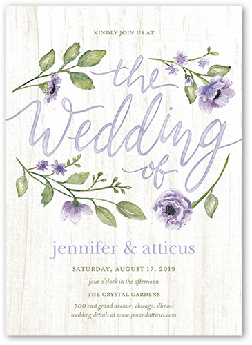 Delightful Blooms Wedding Invitation, Purple, 5x7, Pearl Shimmer Cardstock, Square