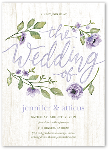 Delightful Blooms Wedding Invitation, Purple, 5x7 Flat, Pearl Shimmer Cardstock, Square