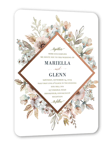 Diamond Blossoms Wedding Invitation, Green, Rose Gold Foil, 5x7 Flat, Matte, Signature Smooth Cardstock, Rounded