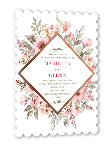 Diamond Blossoms Wedding Invitation, Rose Gold Foil, Pink, 5x7 Flat, Pearl Shimmer Cardstock, Scallop