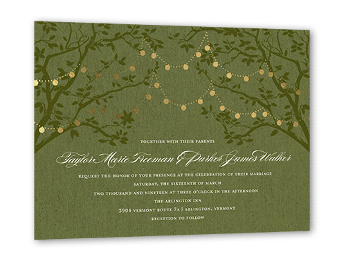 Enlightened Evening Wedding Invitation, Gold Foil, Green, 5x7 Flat, Pearl Shimmer Cardstock, Square