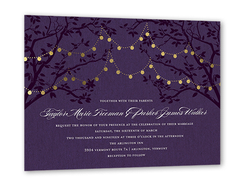 Enlightened Evening Wedding Invitation, Gold Foil, Purple, 5x7 Flat, Pearl Shimmer Cardstock, Square, Majestic