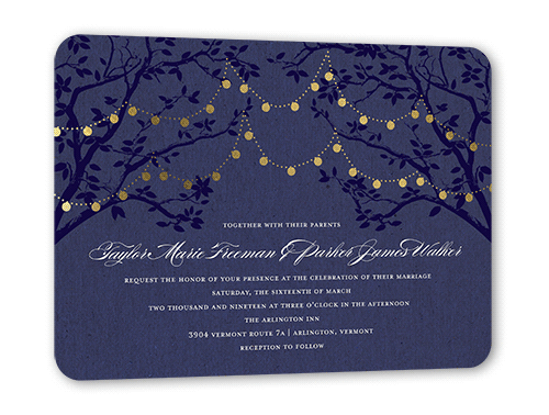 Enlightened Evening Wedding Invitation, Gold Foil, Purple, 5x7 Flat, Pearl Shimmer Cardstock, Rounded, Twilight