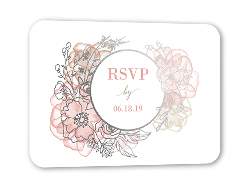 Floral Fringe Wedding Response Card, Pink, Silver Foil, Pearl Shimmer Cardstock, Rounded