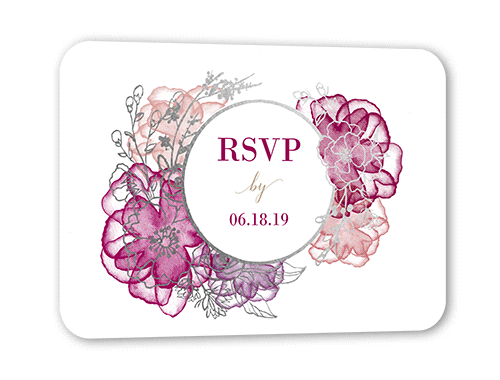 Floral Fringe Wedding Response Card, Pink, Silver Foil, Pearl Shimmer Cardstock, Rounded