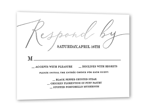 Sterling Script Wedding Response Card, White, Silver Foil, Matte, Pearl Shimmer Cardstock, Square