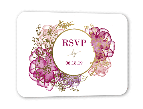 Floral Fringe Wedding Response Card, Gold Foil, Pink, Pearl Shimmer Cardstock, Rounded