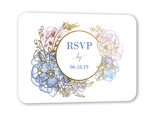 Floral Fringe Wedding Response Card, Gold Foil, Blue, Signature Smooth Cardstock, Rounded