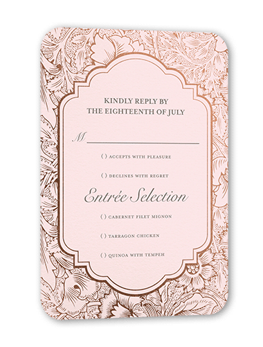 Ornate Petals Wedding Response Card, Pink, Rose Gold Foil, Signature Smooth Cardstock, Rounded
