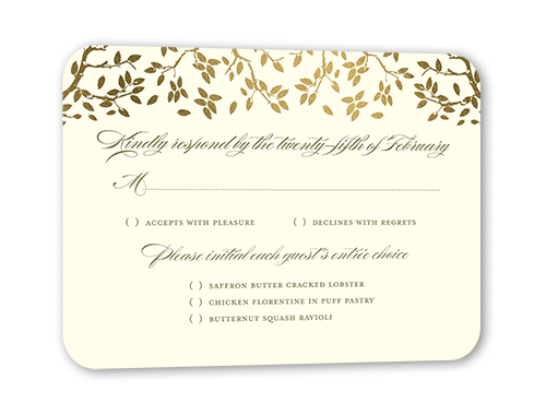 Enlightened Evening Wedding Response Card, Green, Gold Foil, Pearl Shimmer Cardstock, Rounded, Bark
